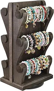 Ikee Design Two-Sided Rotating Wooden Jewelry Bracelet Display Stand-6 Removable Holders, 3 Tier Bar Bangle Organizer-Perfect for Bracelets and Jewelry Display, Dark Brown Color
