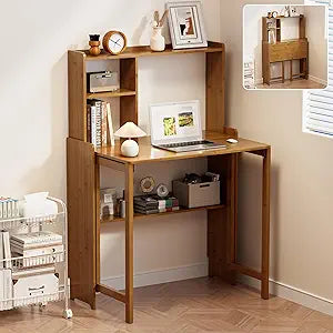 Bamboo Folding Desk for Small Spaces with Storage, Mid Century Foldable Desk with Bookshelf, Small Desks with Storage for Home Office Bedroom, Brown