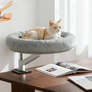 tomxcute Cat Desk Bed 360 Rotation & Height Adjustable, Office Cat Bed 45 lbs Support - Integrated Die Cast Arm for Stability, Hammock for Desk with Wooden Base Removable Washable