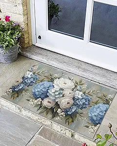 Front Doormat Indoor Outdoor Entrance, Spring Blue Hydrangea Farm Non-Slip Door Mats Low Profile Patio Porch Entryway Rugs, 24"x36" Summer White Camellia Flower