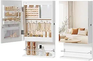 HOOBRO Wall Mounted Jewelry Cabinet, LED Jewelry Armoire with Interior Mirror, Hanging Jewelry Organizer for Wall, Lockable Jewelry Storage Cabinet, 3.9 x 11.8 x 20.9 Inches, White