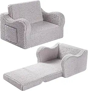 MOMCAYWEX Kids Sofa, 2-in-1 Flip-Out Foam Couch with Soft Sherpa Cover, Cozy Play Lounge Chair, Grey