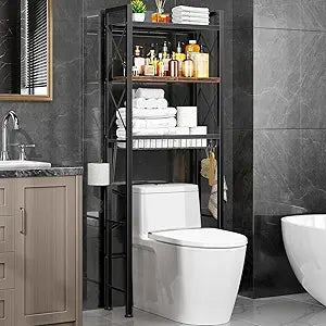 Kalrin Over The Toilet Storage with X Shape Side Guardrail, 3-Tier Over Toilet Storage Rack with Drain Basket, Freestanding Bathroom Organizer for Balcony Laundry, Vintage Brown