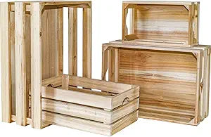Large Wooden Crates Unfinished Set of 4 Decorative Storage Box with Handles, Rustic Farmhouse Wooden Crates for Display, Living Room Container Basket Box for Kitchen, Pantry, Bedroom