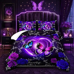 Butterfly Comforter Set for Queen, Dreamy Purple Butterfly Bedding Set with Black & Purple Comforter