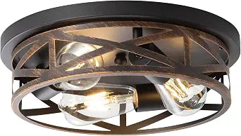 3-Light Industrial Farmhouse Flush Mount Ceiling Light, 13 Inch Rustic Round Cage Close to Ceiling Light Fixture, E26 Base, Indoor House Lighting for Kitchen, Bedroom, Black and Gold
