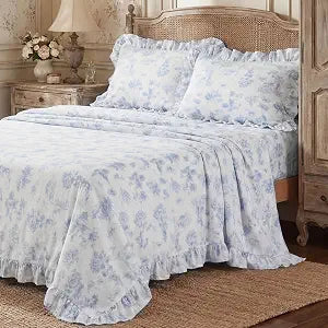 Blue Floral Ruffle Sheets Queen Size Set 4 Piece French Country Bedding Vintage Farmhouse Floral Sheet Set Home Bedroom Decor White Sheets with Blue Flowers