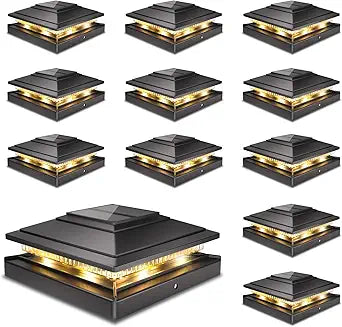 Solar Post Cap Lights Outdoor 12pack, Waterproof Fence Post Lights for 4x4 5x5 6x6 Wood/Vinyl Posts, Black Solar Deck Post Lights with 2 Color Modes Decorate Garden Patio Porch Backyard
