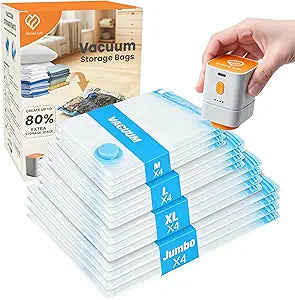 Vacuum Storage Bags with Rechargeable Cordless Pump, 16-Pack Space Saver Bags for Blankets, Clothes & Bedding, Reusable Compression Bags in 4 Large Sizes (MJumbo), Long-Side Opening