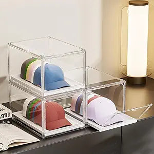 GUDEMAY Hat Organizer Cap Box, Stackable Clear Baseball Caps Holder Containers with Magnetic Door for Hats Snapback Cap Storage, Pull Out Drawer Hat Rack Display Case (3pack)