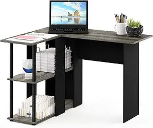Furinno Abbott L-Shape Computer Desk with Bookshelf, French Oak Grey/Black