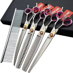 Professional Dog Grooming Shears Set Dogs Straight & thinning & Curved scissors & chunkers Scissorswith comb in 1 Set for Right-handed & Left-handed (8.0 Silvery right-handed)