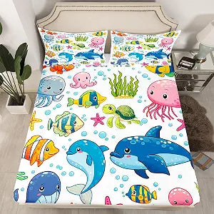 Feelyou Kids Dolphin Fitted Sheet Twin Size for Children Boys Girls