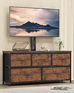 TV Stand with Mount, Fabric Dresser with 5 Drawers for 32/45/55/60/65/75 inch TVs, Black Dresser Entertainment Center, Modern Media TV Console Table