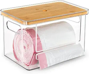 Stackable Trash Bag Dispenser with Wooden Top for Holding 13/30/33-Gallon Large Bag Sizes  Extra-Large Garbage Bag Holder with Anti-Slip Base, Trash Bag Dispenser Under Sink (11.5"x7.5"x7")