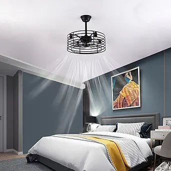TFCFL 20 Inch Black Ceiling Fan with Light Cage Drum Chandelier Fan Remote Control Timeable Chain Adjustable Industrial Lighting Fixture for Dining Room Living Room
