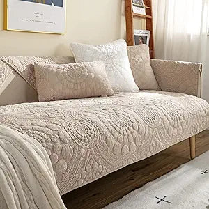 vctops Boho Circle Embroidery Couch Sofa Cover Solid Color Cotton Quilted Non-Slip Sectional Couch Covers Sofa Slipcover for Dogs, Children, Pets Furniture Protector (Khaki,43"x63")