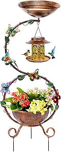 YADOOLIFE 37.8" Bird Bath and Solar Bird Feeders Combo with Flower Planter Pedestal, Metal Bird Baths for Outdoors, Decorative Birdbath with Butterfly for Outside Garden Yard, Weather Resistant