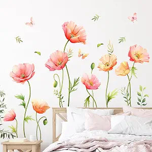 Large Pink Floral Wall Decals Poppy Flower Butterfly Wall Stickers Peel and Stick Autumn Floral Wall Art Decor for Living Room Bedroom Office TV Sofa Backdrop Home Decor Gifts for Mom