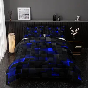 Nttopship Neon Blue Black Comforter Set Full Geometric Kids Bedding Set,3 PCS Geometry Honeycomb Bed Set Modern Quilt Set 1 Comforter 2 Pillow Cases Cool Room Decor All Season B-Side Black