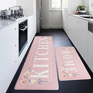 Pink Floral Kitchen Mat Sets 2PCS Cushioned Anti-Fatigue Memory Foam Kitchen Rugs Non Slip Waterproof Comfort Standing Mat for Sink Home,Office, 17.3"x30"+17.3"x59"