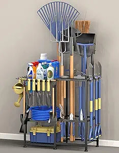 Garden Tool Organizer, Metal Yard Tool Organizer,Holds 70 Long-Handled Tools/Rakes/Brooms,Side Garden Pocket,Heavy Duty Steel Yard Tool Storage Rack for Garage,Shed, Outdoor(Black-Large)