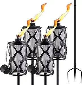 Glass Citronella Torches Set of 4, 16oz Outdoor Glass Torch Garden Dcor, 55 inch Outdoor Clear Glass Citronella Torches with 3-Prong Grounded Stake for Garden, Patio, Party, Landscape Decor