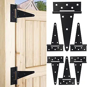 8 Inch T-Strap Gate Hinges, Heavy Duty Shed Barn Door Hinges, Black Tee Hinges for Wooden Fence, Yard Gate, Wrought Hardware Iron Rustproof (6 Pack)