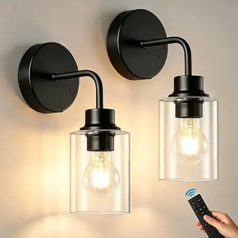 Epinl Battery Operated Black Wall Sconce Set of 2, Wireless Rechargeable Wall Lights with Remote Control, Modern Dimmable Wall Mount Lamps for Bedroom Living Room Bathroom, 3000K