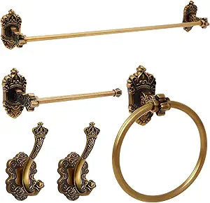 Zonon 5 Pieces Antique Brass Bathroom Hardware Accessories Set Vintage Towel Rack Toilet Paper Holder Towel Ring Robe Hook Wall Mounted for Bathroom Toilet Kitchen(Classic)