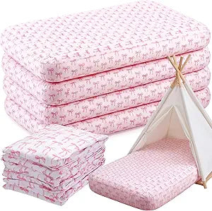 HunnmingRe 6 Pcs Air Mattress Fitted Sheets 52 x 28 x 5 Inch Pink Bow Inflatable Mattress Sheets Bownot Sleepovers for Travel Camping Guest Family Gatherings Airbed Party Accommodations