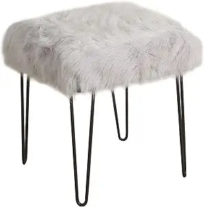 Homepop Home Decor | Upholstered Faux Fur Square Ottoman Stool | Metal Stool Ottoman for Living Room & Bedroom | Decorative Home Furniture, Grey