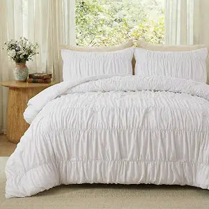 Bedbay Ruffled Cotton Duvet Cover Set Queen Size,100% Cotton Shabby Chic Farmhouse Bedding Set, Soft Textured White Ruched Comforter Cover with Pillowcases, Cottagecore Bed Set 3 Pcs
