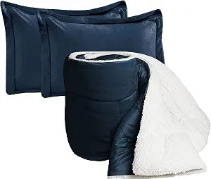 Elegant Comfort Ultra Plush 3-Piece Sherpa Comforter Set, Solid-Color and Fluffy Sherpa Reverse, All Season Suitable, Heavy Weight, Down Alternative Micro-Suede Comforter, Queen, Navy