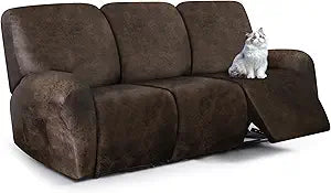 ANARACHON Leather Look Recliner Couch Cover, 8-Pieces Stretch Recliner Sofa Covers, Soft Reclining Slipcover, Washable Furniture Protector for Pets (3 Seater, Brown)