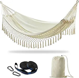 CHULIM Brazilian Double Hammock with Tree Straps,Extra Large 94x63IN,2 Persons Hammock for Backyard Patio Outdoor Indoor,450lbs Weight Capacity,Soft Woven Cotton Fabric - Natrual White with Tassels