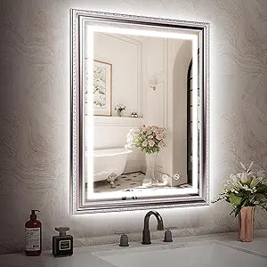 ROLOVE 23x35 Inch Bathroom Mirror with Lights, Brushed Rose Gold Frame, Anti-Fog LED Vanity Mirror for Wall, Plug-in/Hardwired, Dimmable, Tempered Glass,Wall Mirrors Decorative (Champagne Pink Hue)