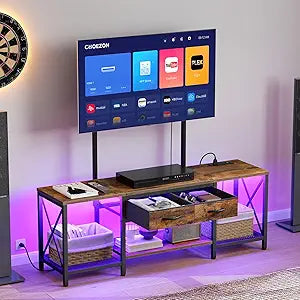 CHOEZON TV Stand with Mount, Power Outlet and LED Light, Entertainment Center, Adjustable TV Stand, for 32-70 inch TVs, 2-Tier Storage, for Living Room, Bedroom, Rustic Brown and Black TDS12UDBF
