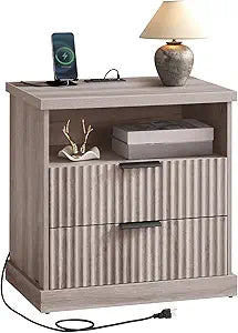 VASAGLE MAXE Collection - Nightstand with Charging Station, Fluted Night Stand, Bedside Table, Mid Century Modern Side End Table, 2 Drawers, 2 AC Outlets, 2 USB Ports, Washed Gray ULET626G01S