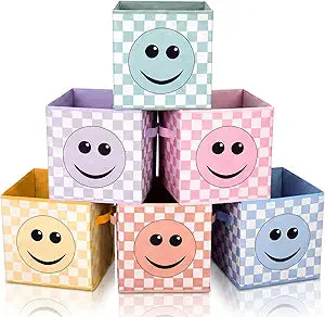 Bokon 6 Pcs 11 Inch Smile Face School Classroom Storage Bins Pastel Fabric Foldable Storage Basket with Handles Organizing Boxes for Daycare Elementary School Shelves Closets Clothes Toys Books