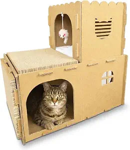 OtterPets Cardboard Cat House with 2-Level Play Design, Two Scratch Pads, Plush Mouse Toy & Soft Fleece Mat, Cat Scratcher House