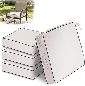 22x22 inch Outdoor Chair Cushions Set of 4,Cream Patio Chair Cushion with Handle and Ties,Water-Resistant High Density Foam Outdoor Seat Cushion with Removable Cover,4" Thick
