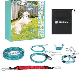 Dog Runner for Yard - 100ft Aerial Dog Run Cable System with Shock Absorbing Bungee Tether, Chew Proof Steel Cable & Tangle Free Pulley for Large Dogs, Backyard Zip Line for Dogs