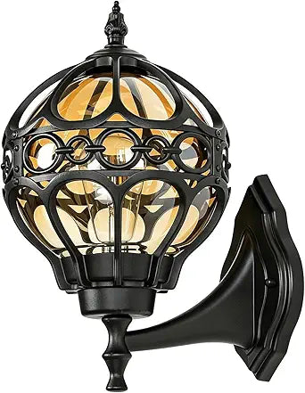 Black Globe Outdoor Wall Lights, Round Exterior Wall Sconce for Patio, Porch, Garage, Anti-Rust Aluminum Wall Mount Lighting Fixture, Classic Wall Lantern with Ornate Cage & Amber Glass, E26 Base