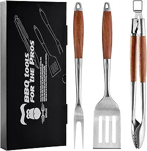 GRILAZ Heavy-Duty Rose Wooden BBQ Grilling Tools Set. Extra Thick Stainless Steel Multi-Function Spatula, Fork & Tongs | Essential Accessories for Barbecue & Grill. Ideal Gift for Father