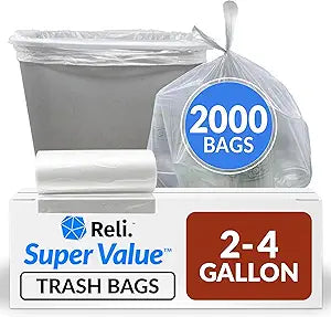 Reli. 2-4 Gallon Trash Bags | 2000 Bags | Clear | Bathroom | Strong | Garbage