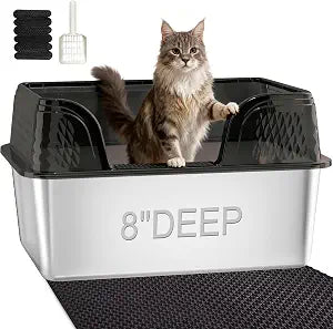 XXL Stainless Steel Litter Box with Lid, Extra Large High Sided Litter Box for Big Cats or Multiple Cats, Anti-Splashing, Easy Clean, No Smell, Transparent Black Enclosure