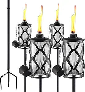 4 Pack Glass Citronella Torches, 16 oz Garden Torches for Outside, 55 inch Outdoor Clear Glass Citronella Torches with 3-Prong Grounded Stake for Garden, Patio, Party, Landscape Decor