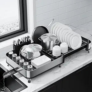 Kitsure Dish Drying Rack - Expandable Stainless Steel Dish Racks for Kitchen Counter, Auto-Drain Drying Rack for Kitchen with Cutlery Holder & Non-Slip Feet, 16.1-26.6" L x 12.6" W, Black