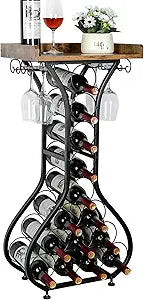 X-cosrack Wine Rack Freestanding Floor, Mini Bar Table Wine Holder Stand Liquor Cabinet with Glass Holder Wood Tabletop 14 Bottles Floor Wine Storage for Home Bar Kitchen Living Room